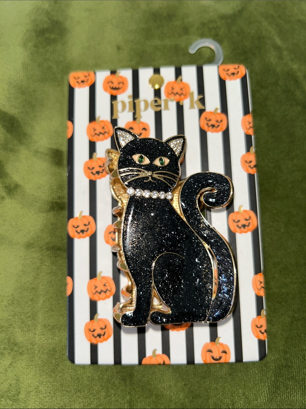 Piper K Black Glitter Cat Hair Clip with Green Eyes and Gold Trim